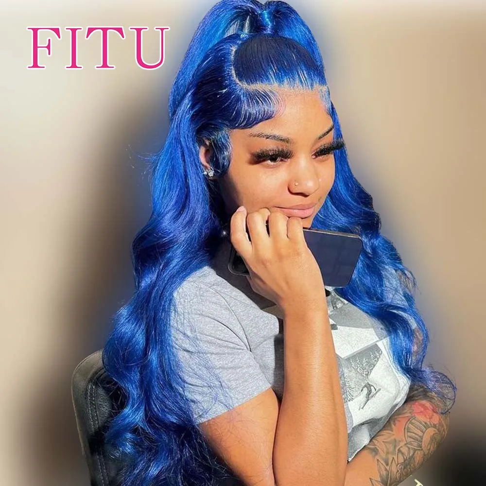 

FITU Blue Transparent 13x6 13x4 Lace Frontal Human Hair Wig 613 Colored Plucked With Baby Hair 5x5 Lace Closure Wig