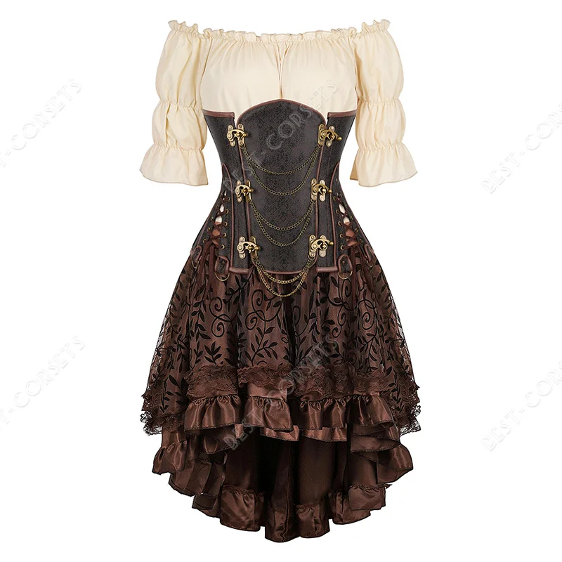 Steampunk Corset Dress Pirate Costume  for Women Halloween Medieval Blouse Gothic Faux Leather Corset Dress With Straps Brown