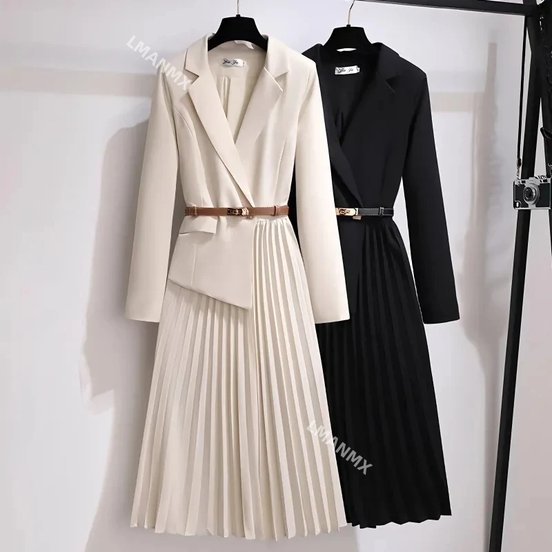 

Spring Autumn Women's Dresses 2024 New Fashion Suit Collar Stitching Fake Two-Piece Elegant Lady Office Long Dress Vestidos