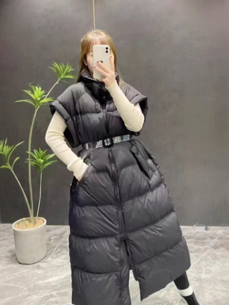 타이트 웨이스트 롱 덕다운 베스트 코트 여성 패션 두꺼운 스탠드 칼라 따뜻한 재킷 슬리브리스 베스트 푸퍼 코트 여성 트렌디