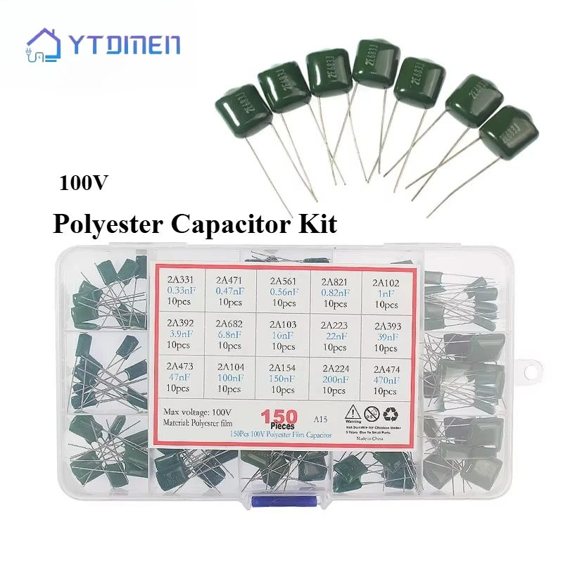 150/180/620PCS Polyester-Kondensator-Kit 100V 0,33NF-470NF 1nF 1,5nF 2,2nF 100nF 2A102J 2A333J 2A222J 2A392J 2A332J 2A822J