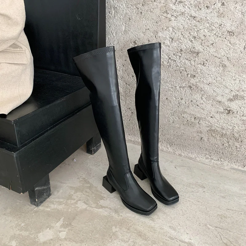 Square Toe Women Over The Knee Stretch Boots Black White Thick Mid Heels Autumn Spring Sock Boots Elastic Botas Slip On Botas