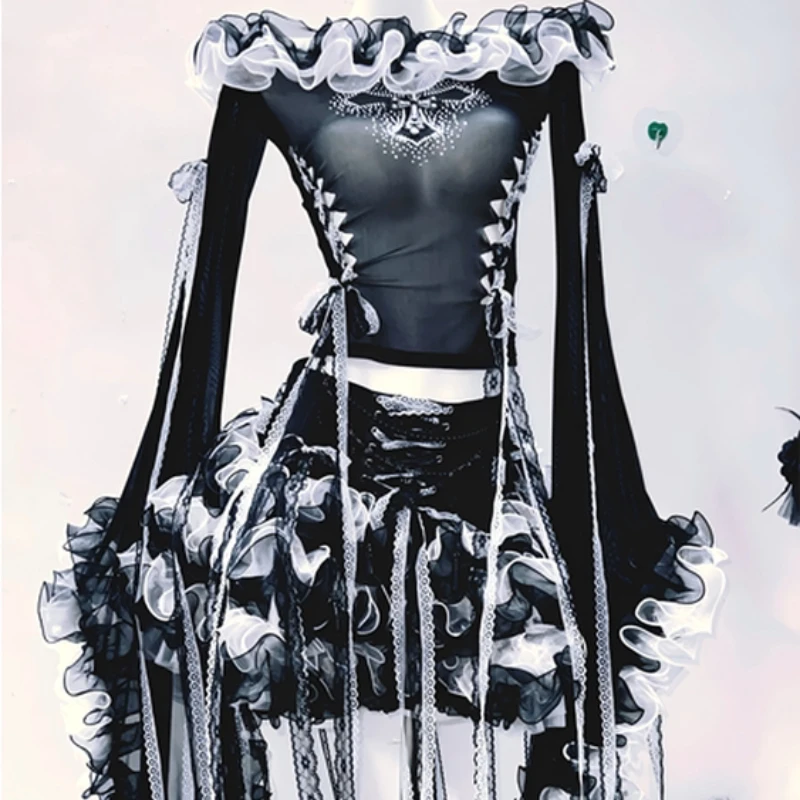 Gothic Vintage Dark Medieval Saint Costume, 2026 New Lolita Lace Ruffle Corset Top Skirt Set Women Halloween Cosplay Dress