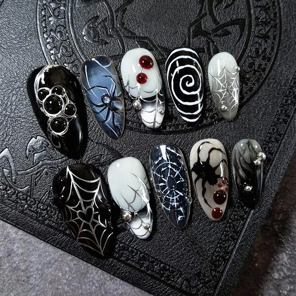 30pcs/Box Spider Web False Nails French Tips Halloween Press on Nails Medium Almond  Women Holiday Decoration Full Cover Tips