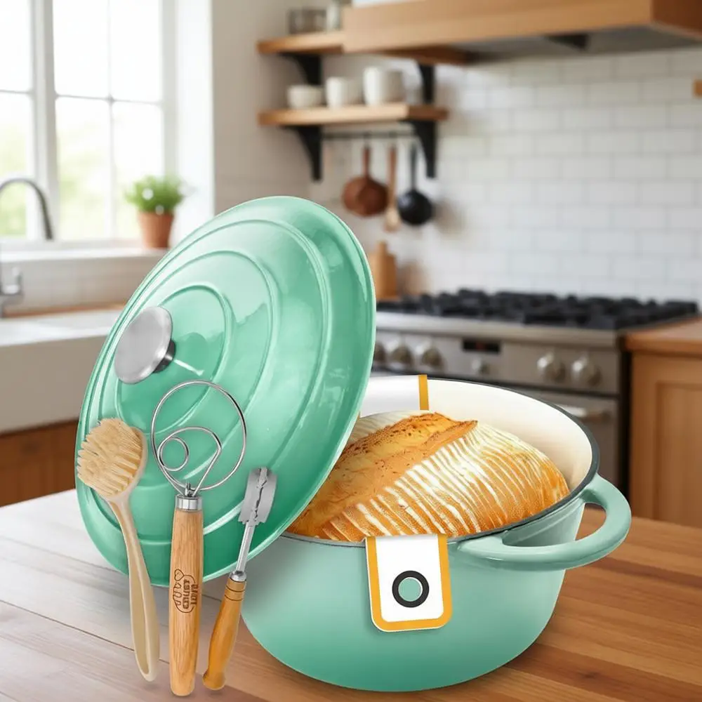 

Чугунная эмалированная жаровня (голландская печь) на 5 кварт с крышкой, набор для выпечки хлеба, включая закваску для хлеба и корзину-баннетон.