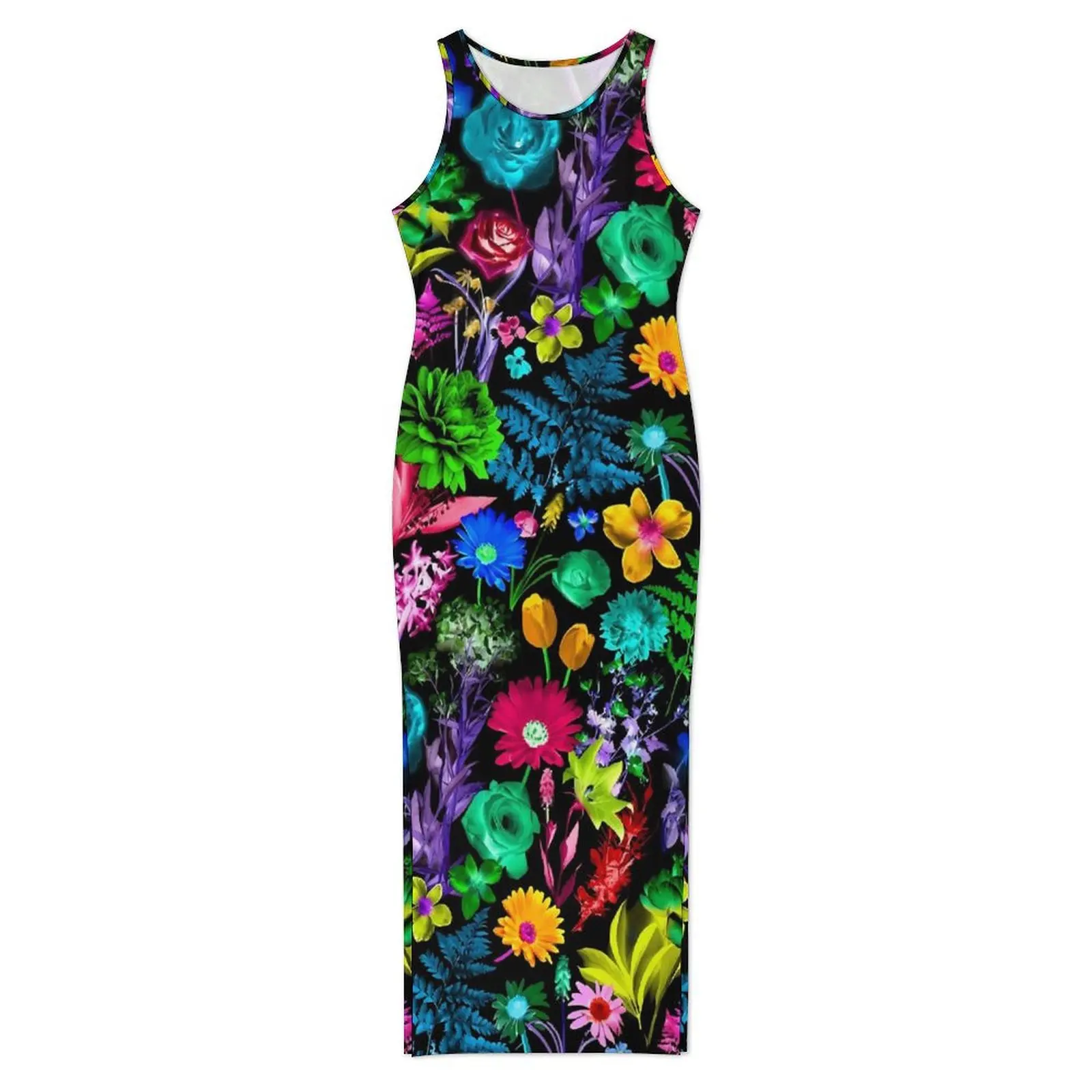 Colorful Floral Print Bodycon Dress Summer Glowing Garden Vintage Maxi Dresses Woman Sleeveless Y2K Fashion Dress Large Size