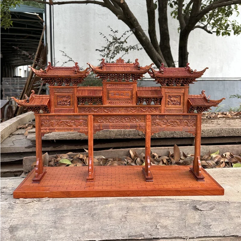

Wood carving ancient building archway model mahogany desktop ornament gift