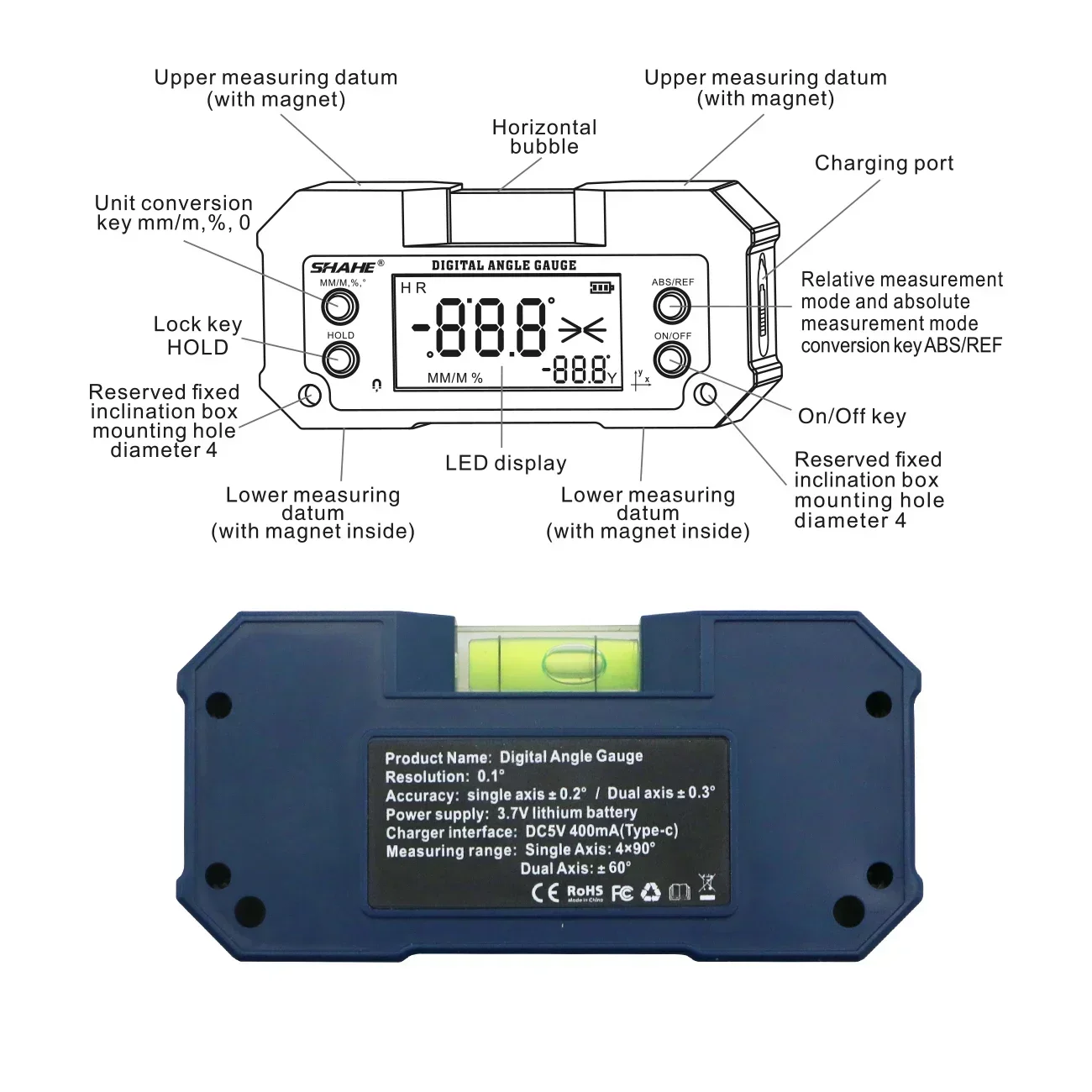 SHAHE Dual Axis Digital Protractor Inclinometer Rechargable Digital Angle Finder Level Box With Optional Wireless transmission