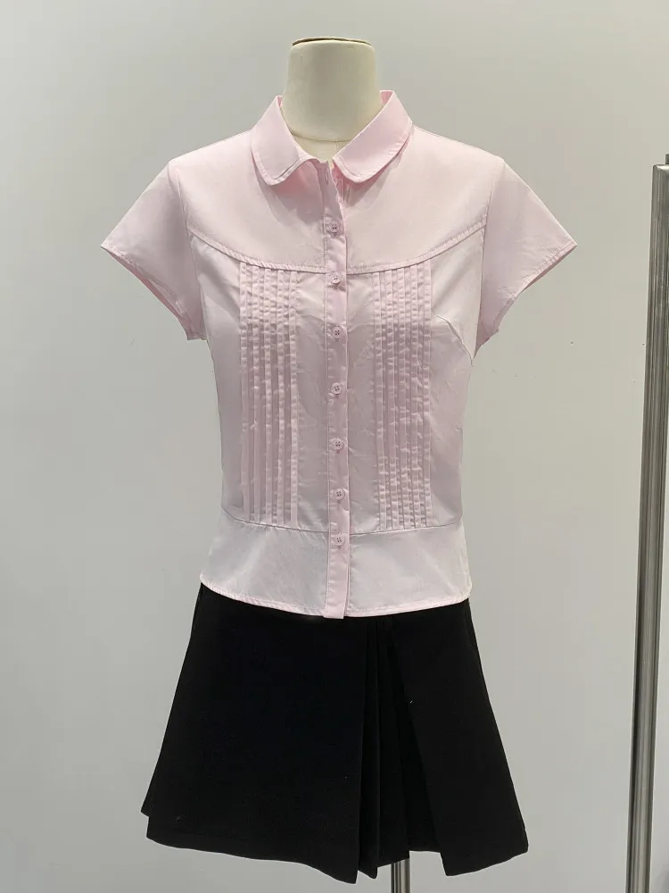 Pink Gradient Short  Shirt Women's Summer New Style Slimming Waist Crop Top Korean Style Cotton Straight Cut Commute Wind