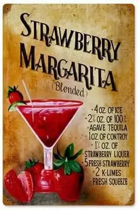 Metal Plate Tin Sign Antique Retro Strawberry Margarity Cocktail Vintage Home Wall Decorative Dimension Size: