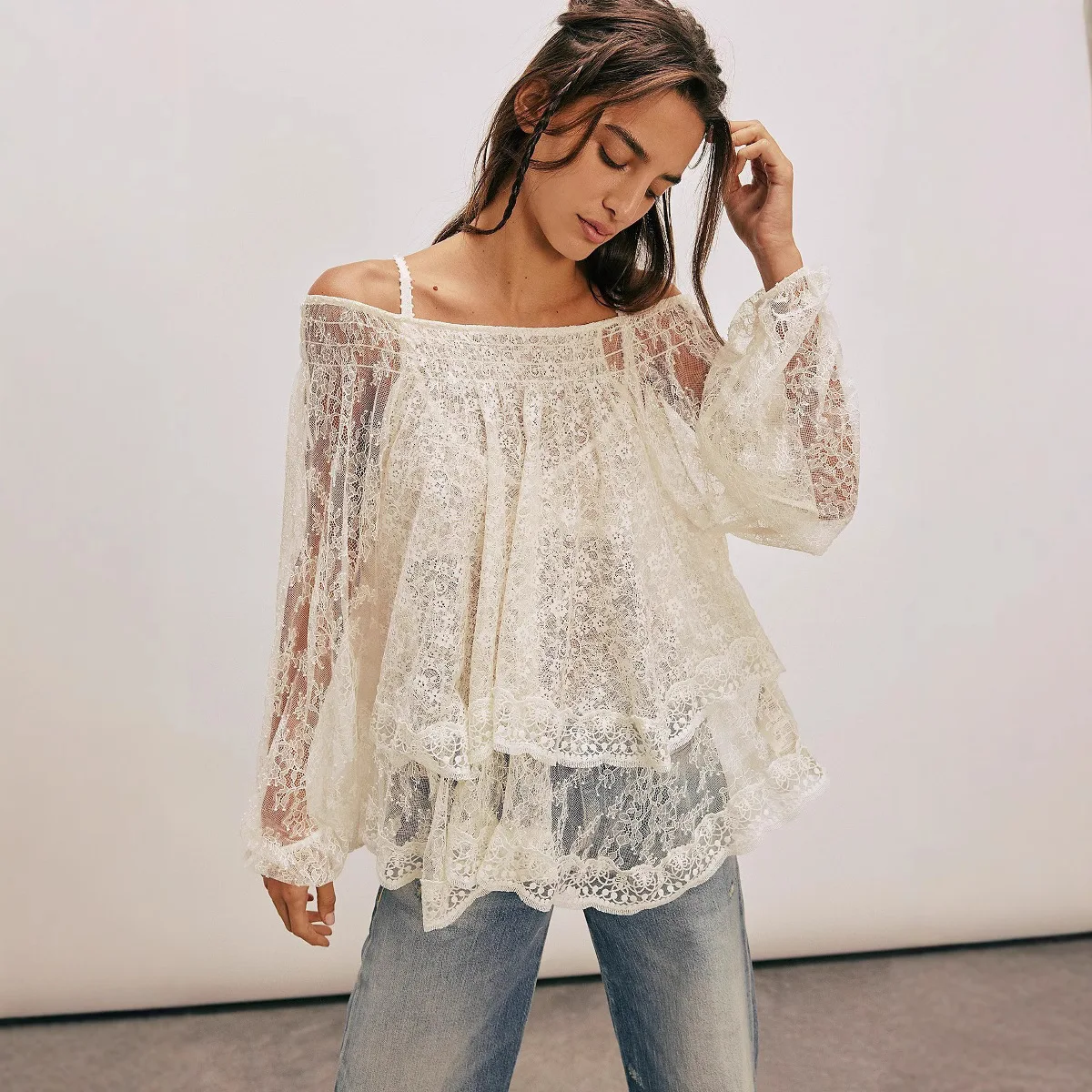 

Lace-up Back Floral Lace Blosues Shirts for Women Tops Ruffles Lantern Long Sleeve O Neck Boho Beach Oversize Loose Blouse