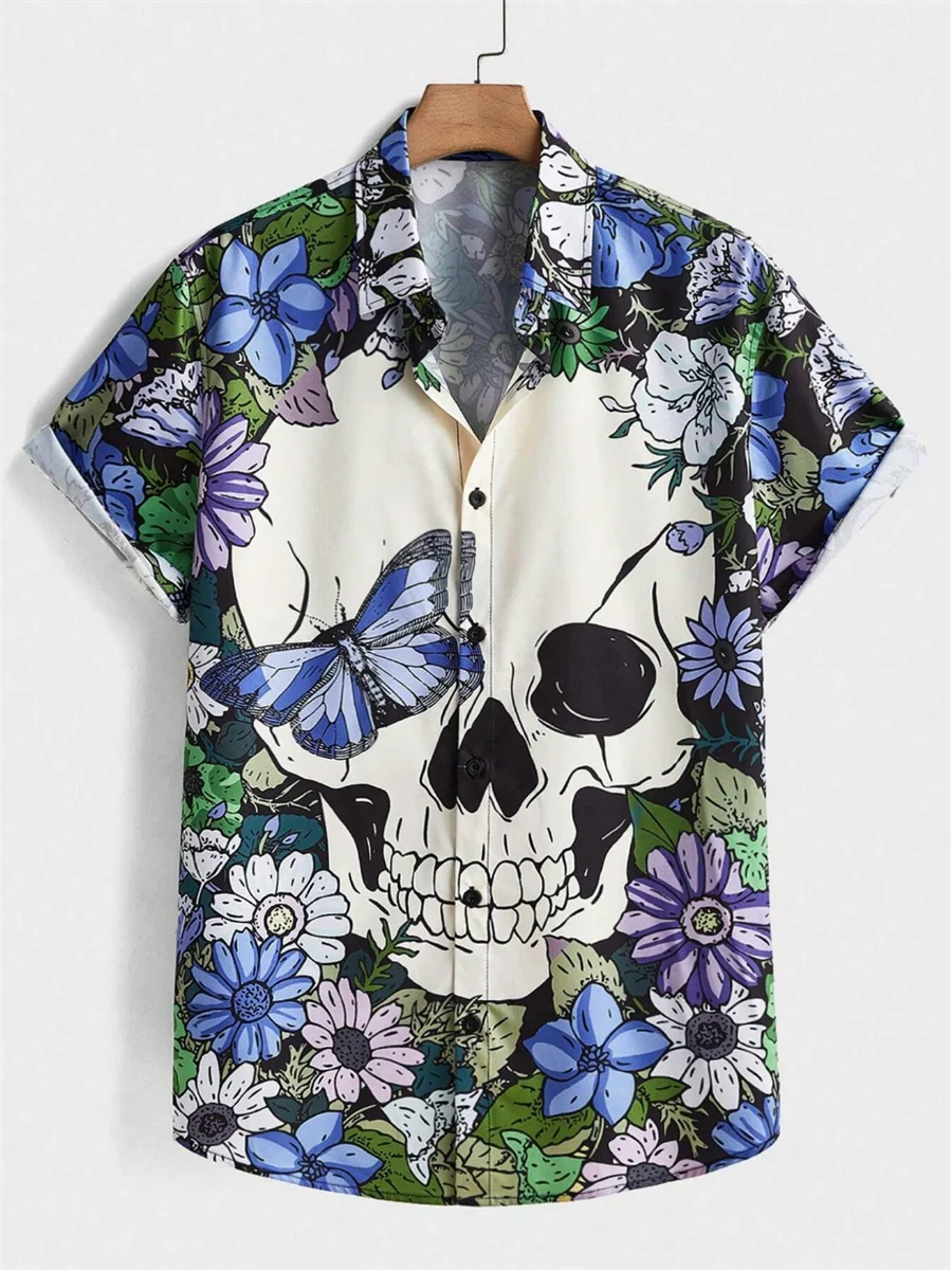 

Men's Shirt Floral Hawaiian Fashion 3D Printed Dinosaur Skull Pattern Shirt Button Lapel Short Sleeve Aloha Shirt Clothes