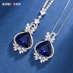 Luxury Vintage 20*20mm Sapphire Pendant Necklace for Women Full Lab Diamond Cocktail Party Fine Jewelry Accessories Female Gift