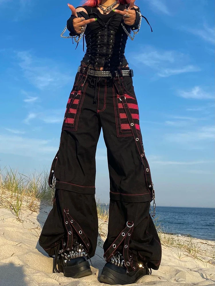 Rapcopter Bandage Chain Cargo Pants Low Waisted Baggy Pockets y2k Grunge Goth Black Trousers Sweatpants Punk Joggers Women 90s