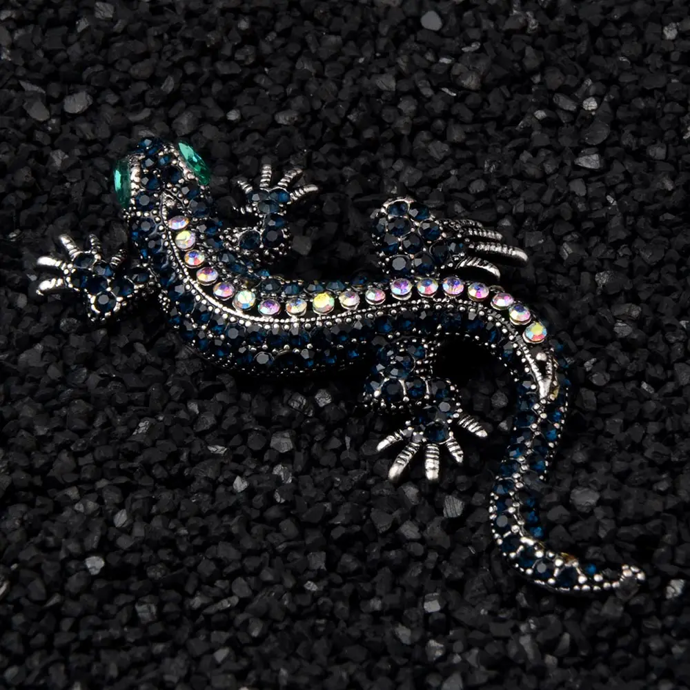 6.5cm Black Rhinestone Gecko Shape Brooches Lovely Metal Animal Brooch Pins Vintage Jewelry Clothes Brooch Gift for Men Women