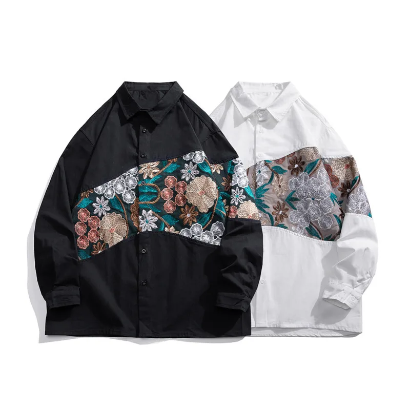 

Long Sleeved Shirt Men Fashion Retro Flower Shirt Mens Japanese Streetwear Hip-hop Loose Embroidered Shirt Men Large Size 5XL
