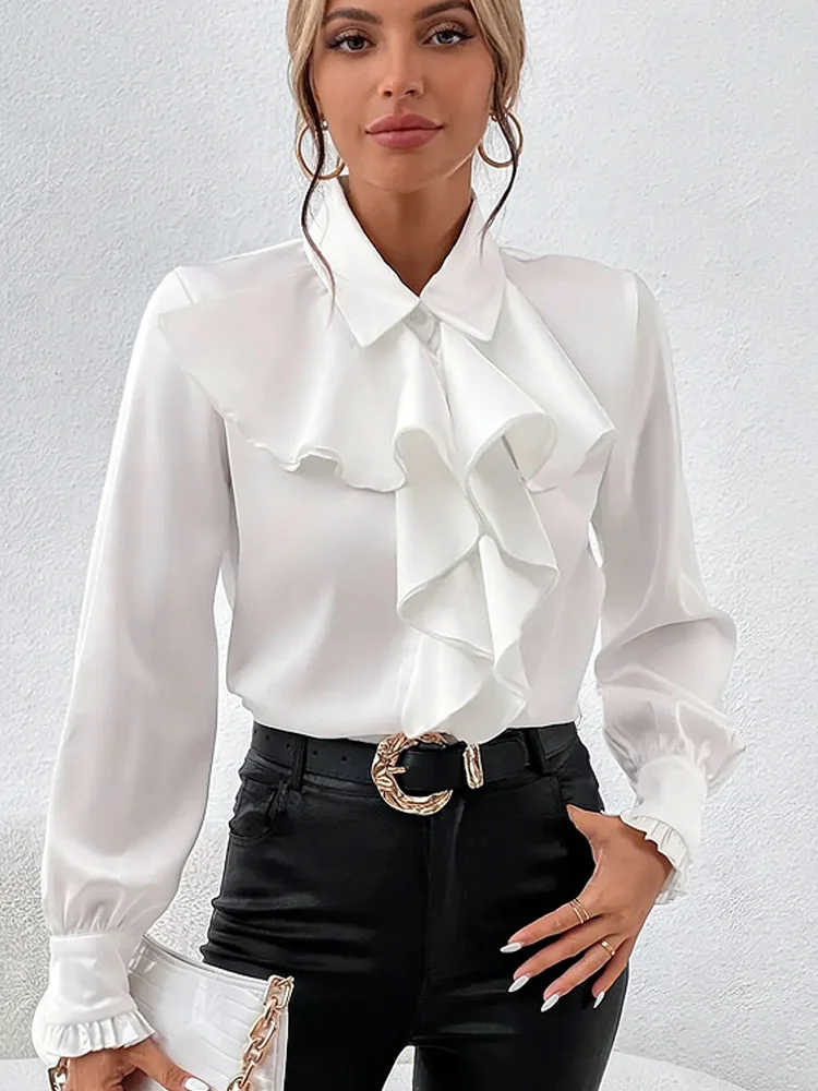 

New Fashion Ruffles Long Sleeve Women's Shirts Office Lady Elegant Blouse Spring Autumn Clothes Single Breasted Woman Tops