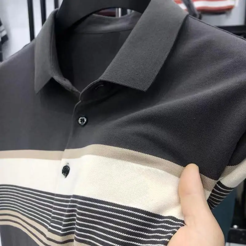 Summer Cotton Korean Smart Casual Short Sleeved Polo Shirt Men Patchwork Panelled Print Striped Lapel Button Loose Versatile Top