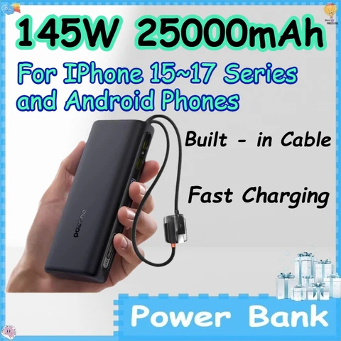 Внешний аккумулятор 145 Вт 25000 мАч с быстрой зарядкой для iPhone серий 15-17 и телефонов Android со встроенным кабелем