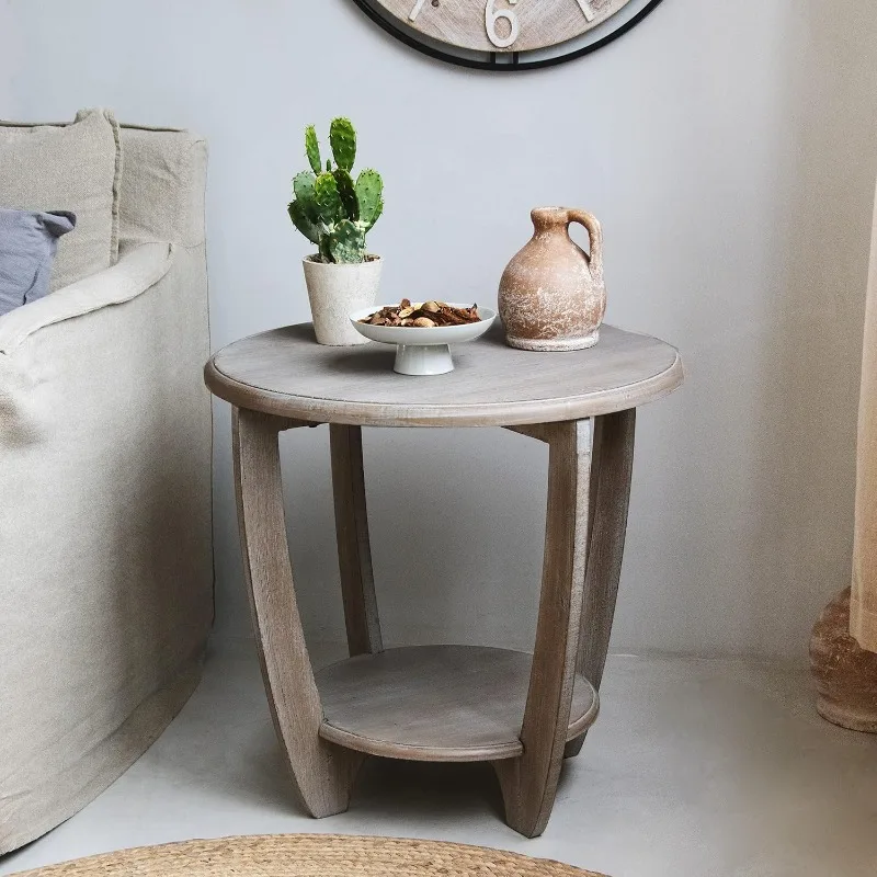 

Rustic Farmhouse Side Table with Storage Shelves, French Country Style Side Table, Vintage Gray Finish.