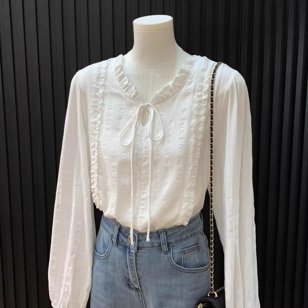 2026 New French Style Lace Collar Tie White Shirt Women Gentle Elegant Slim Blouse Fashion Lace Decor Inner Wear Tops For Ladies