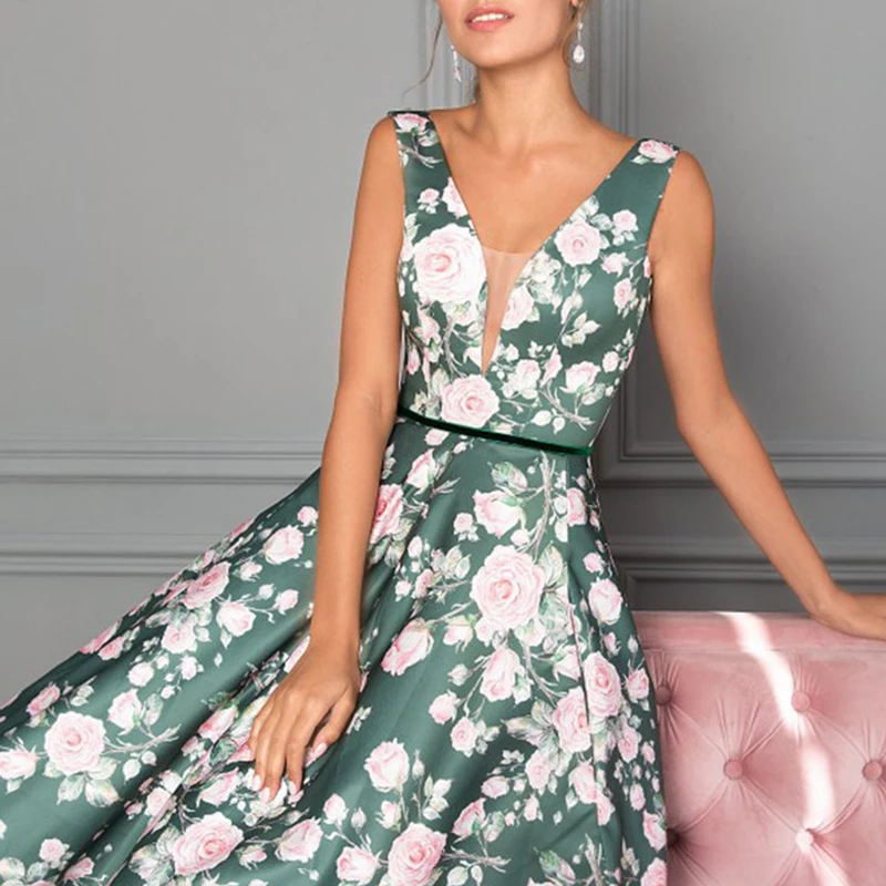 Elegante decote em v boêmio grande balanço vestido feminino moda oco para fora cintura alta bohe vestido longo sexy sem mangas impresso vestido de festa