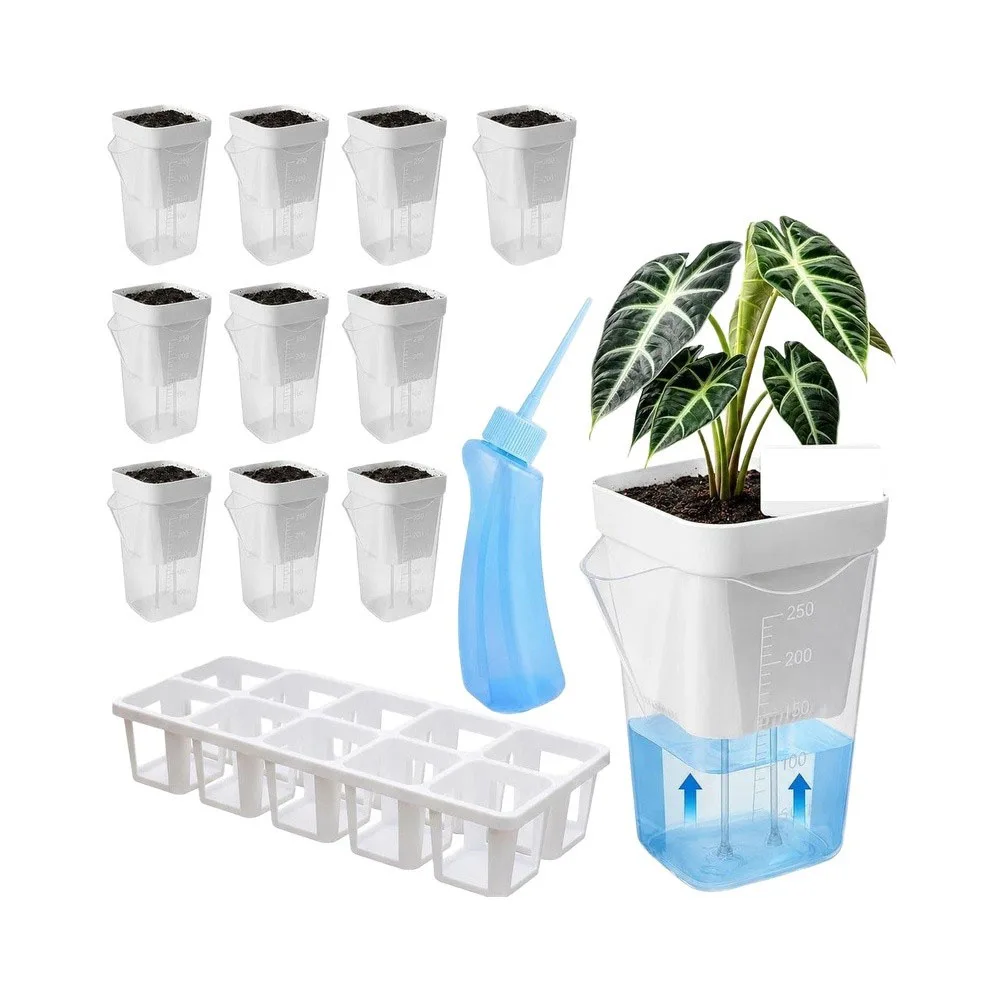 2.5 Inch Clear Self Watering Pots 10 Pack for Indoor Plants with Wick-Based Irrigation and Visual Water Level Indicator