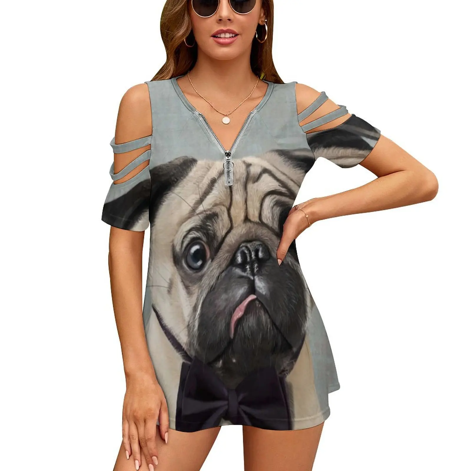 Mr Pug Women T-Shirt Crewneck Casual Short Sleeve Tops Summer Tees Light Blue Pet Dog Carlin Cute Pug Pug Art French Pug