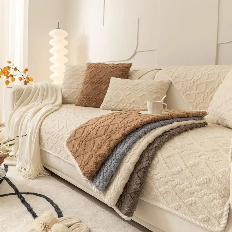 Modern Minimalist Pure Color 3D Embossed Velvet Sofa Cushion Anti-Slip Sofa  Pad Home Decorative Polyester Fabric