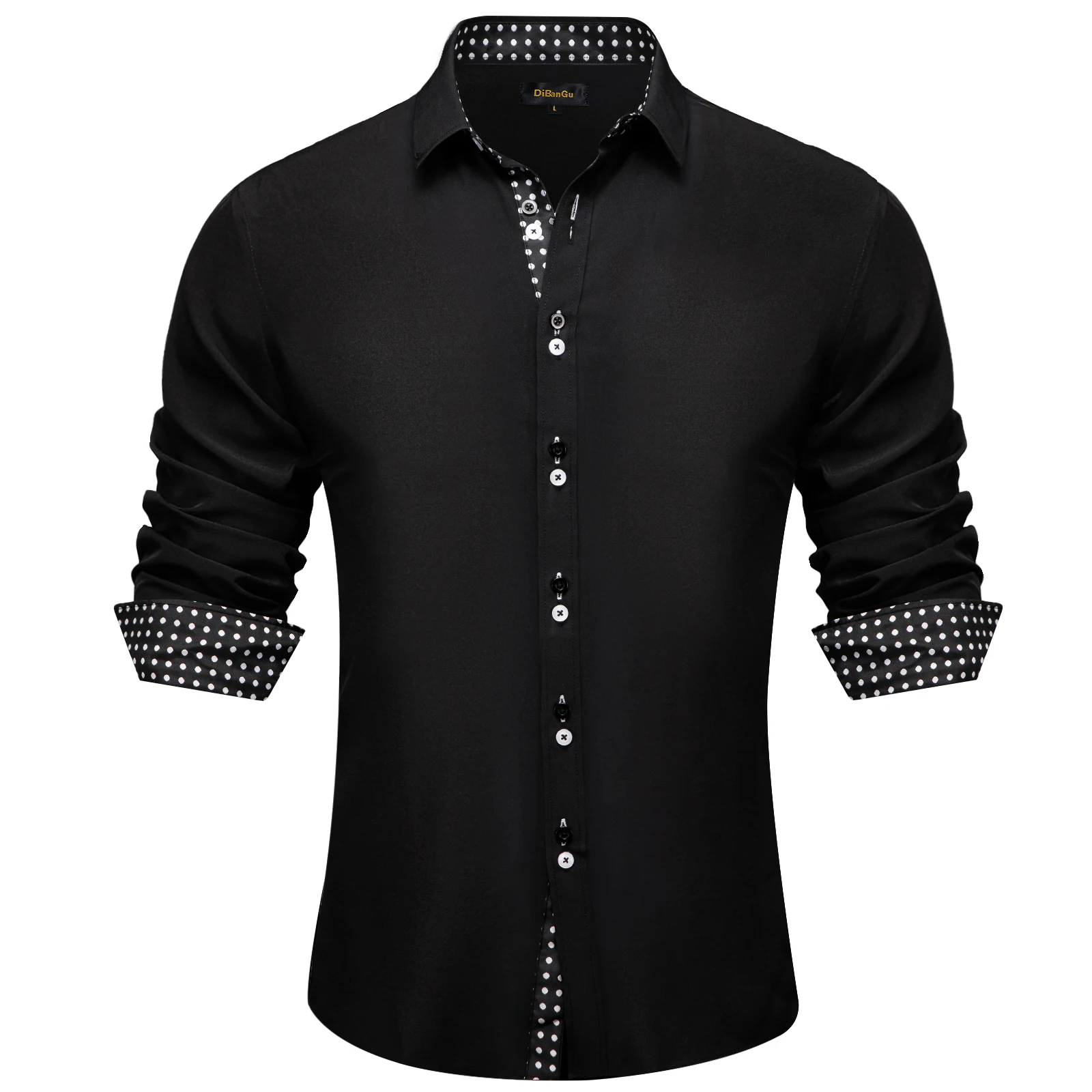 Designer Men's Solid Black Shirt Long Sleeve Business Casual Social Dress Shirts Blouse with White Dot Contrasting Cuff Collar
