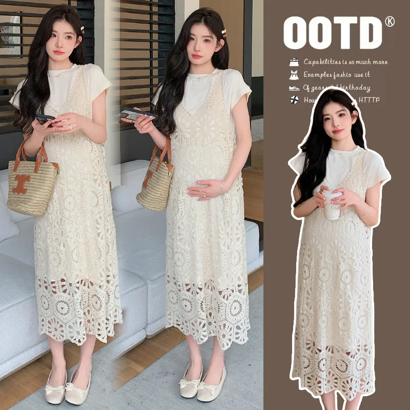 

2025 French Maternity Set: Floral Lace Sundress + Sheer Cover-Up - Ethereal Two-Piece Pregnancy Ensemble with Adjustable Straps