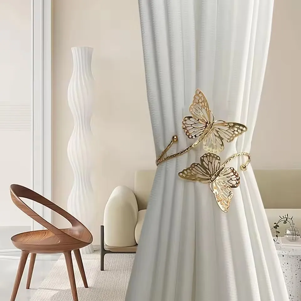 2pcs Modern Golden Butterfly Metal Curtain Ties No-Drill Adjustable Window Treatments Bedroom,Office Decor, Curtains Living Room