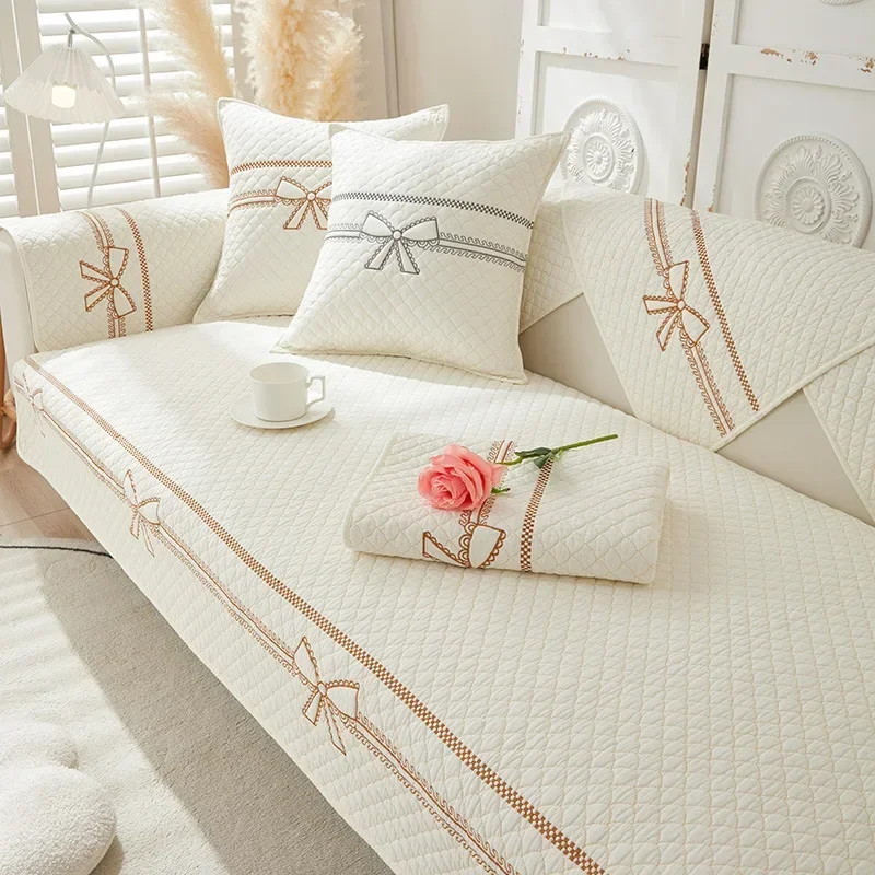 

White Bow Printing Sofa Cover Cotton Washed Sofa Cushion Winter Living Room Decor Pillowcase Back Couch Cover Pillow Case
