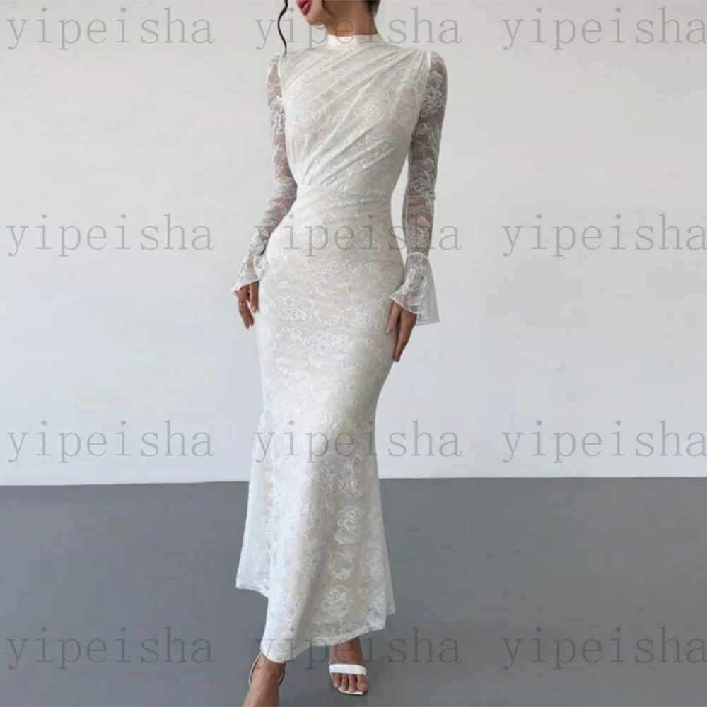 Abiti da sera personalizzati con collo alto e maniche lunghe alla caviglia, abito da ballo lungo in pizzo squisito, abito da festa moderno per signora