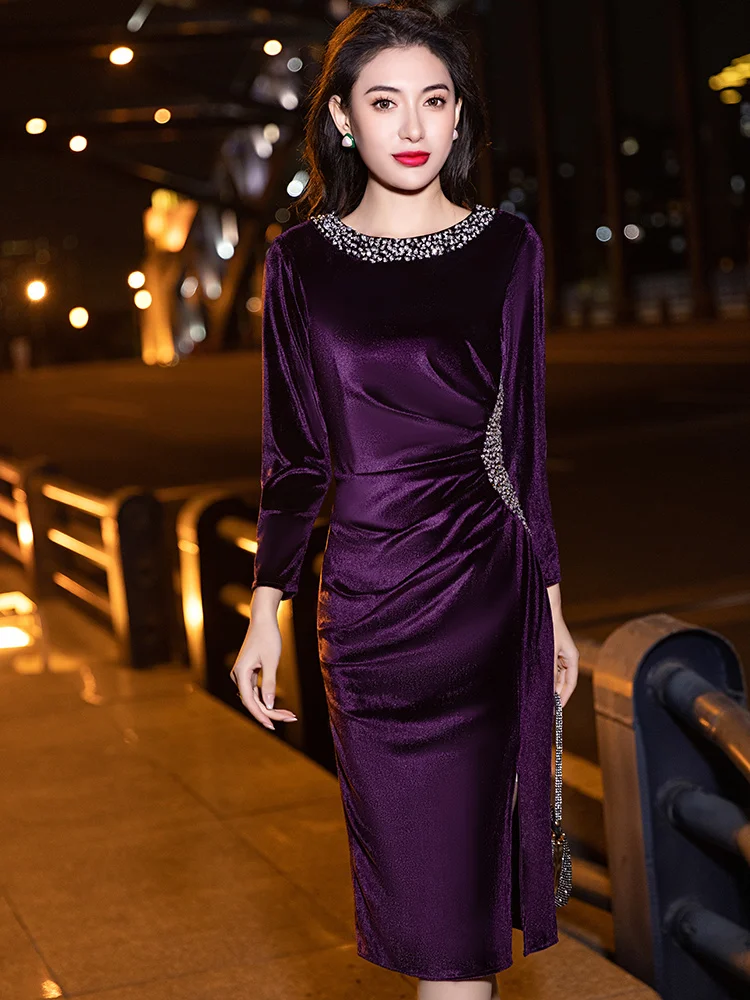 Evening Dress Mother Dress Wedding Banquet Grandma Wedding Purple Velvet Banquet High End Wedding Dress Winter Dress