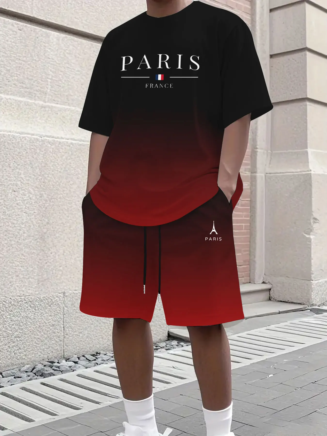 

Men's Summer Stylish Gradient Letter Print Casual Drawstring Shorts Short Sleeve Breathable Loose Fit Comfort Outfit Set
