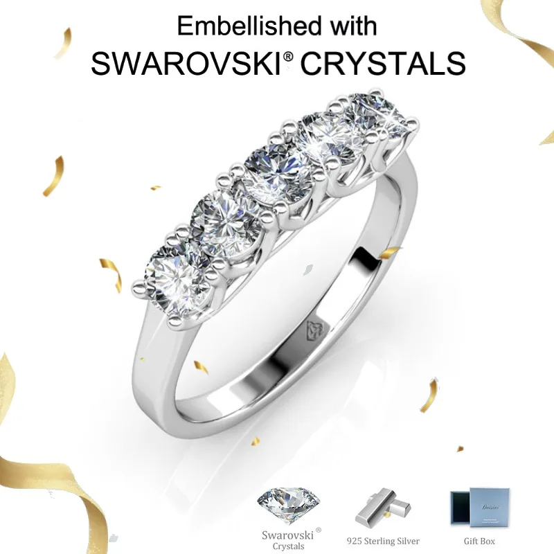 

Daisini 925 Sterling Silver 5 Stones Round Swarovski Crystals Ring for Women Wedding Engagement Wedding Party Gift Drop Shipping