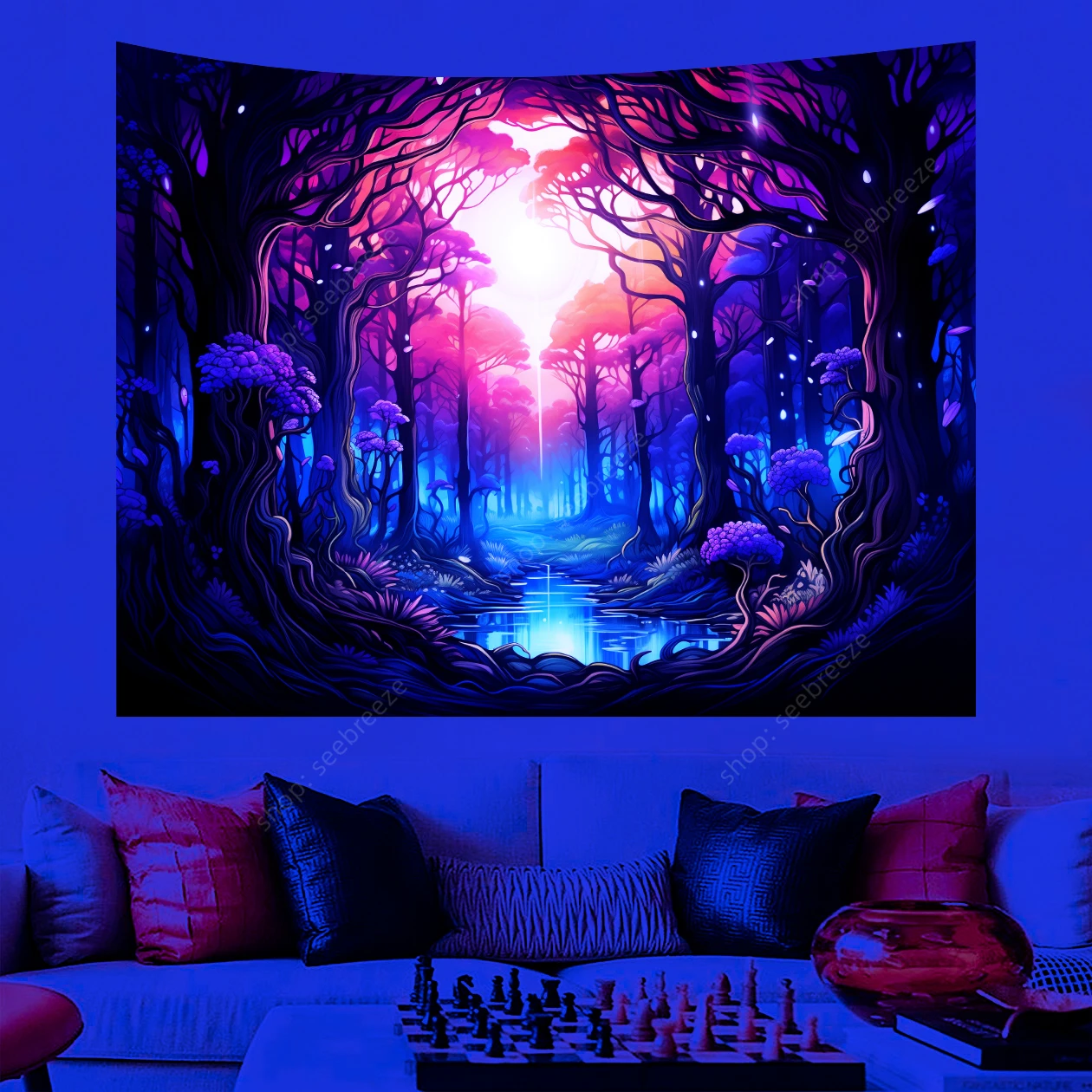 Psychedelic Forest UV Reactive Tapestry Hippie Plant Nature Tree Wall Tapestry Misty Jungle Neon Poster Bedroom Backdrop Decor