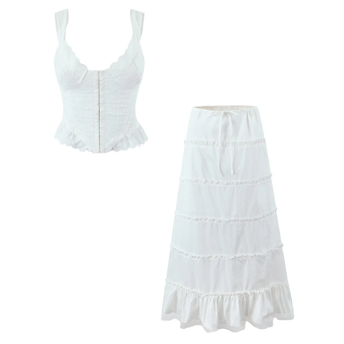 French Vacation Style Two-Piece Set Sweet Embroidery Ruffled Edge Unique Fishbone Strap Vest High Waist Skirt Set