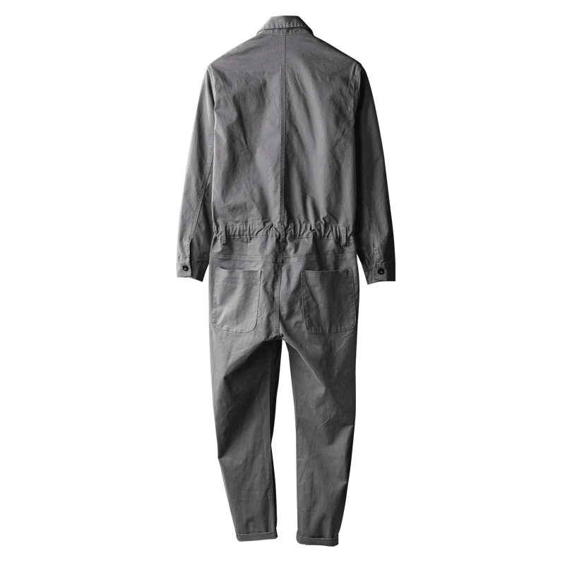 Men Gray Jumpsuits Long Sleeve Adjustable Waist Overalls Pockets Coveralls