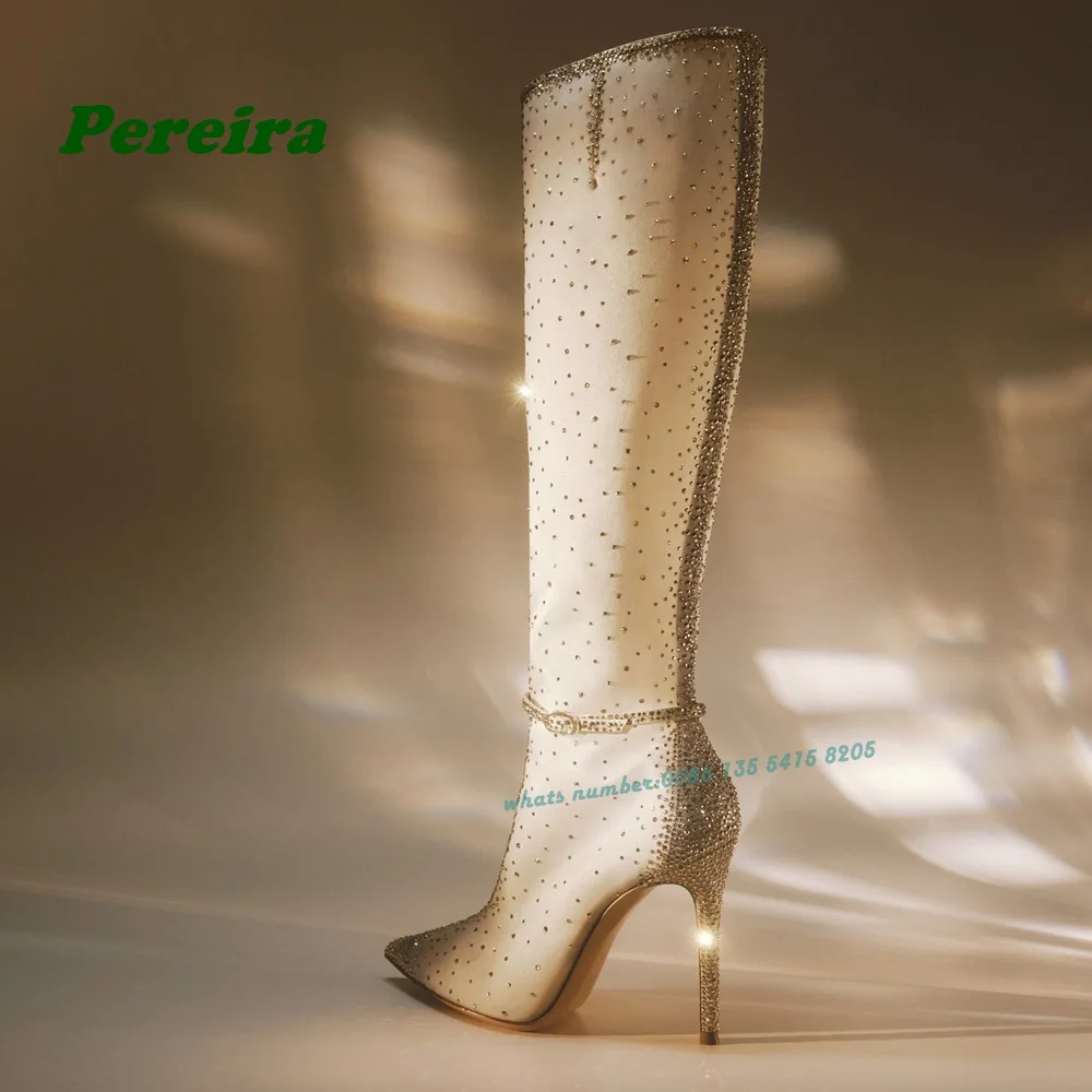 

Rhinestones Buckle Knee High Boots Pointy Toe Ankle Strap Stiletto Luxury Boots Bling Sexy High Heels Winter Autumn Shoes Sexy