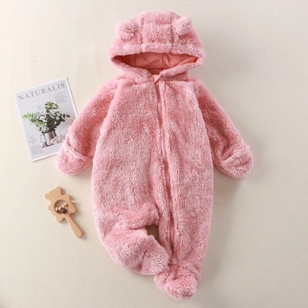 

New Bear Hooded Baby Rompers Warm Zipper Closure Zipper Jumpsuit Hooded Design Winter Fleece Bodysuit Winter Season
