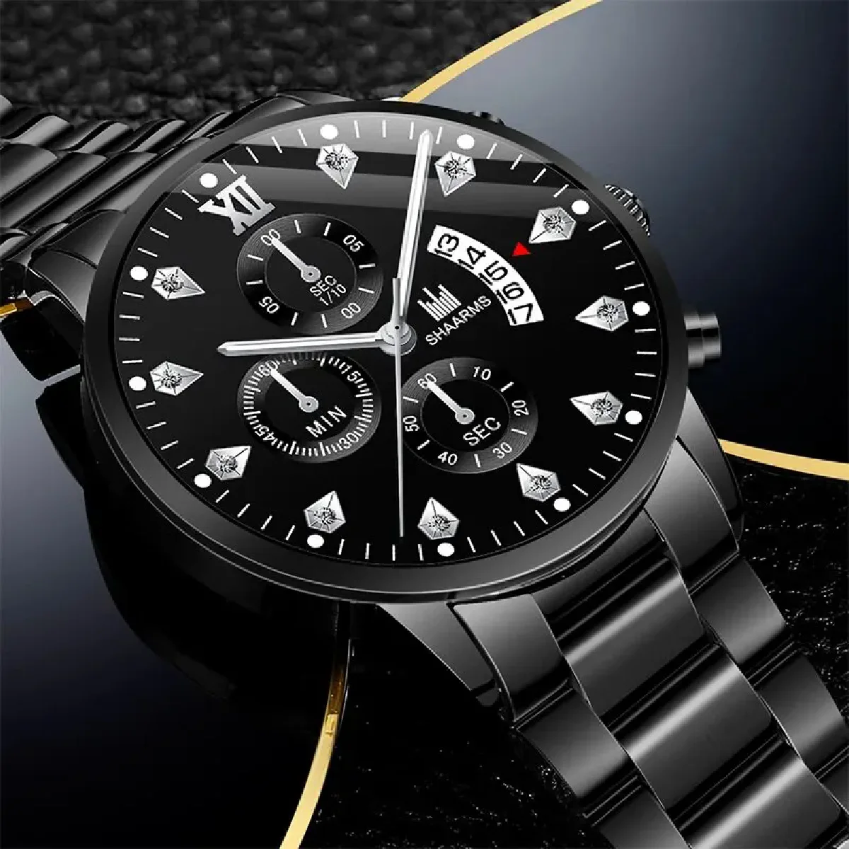 2PCS Fashion Mens Watches Black Stainless Steel Luxury Minimalist Quartz Wrist Watch Men Business Casual Calendar Watch for Men