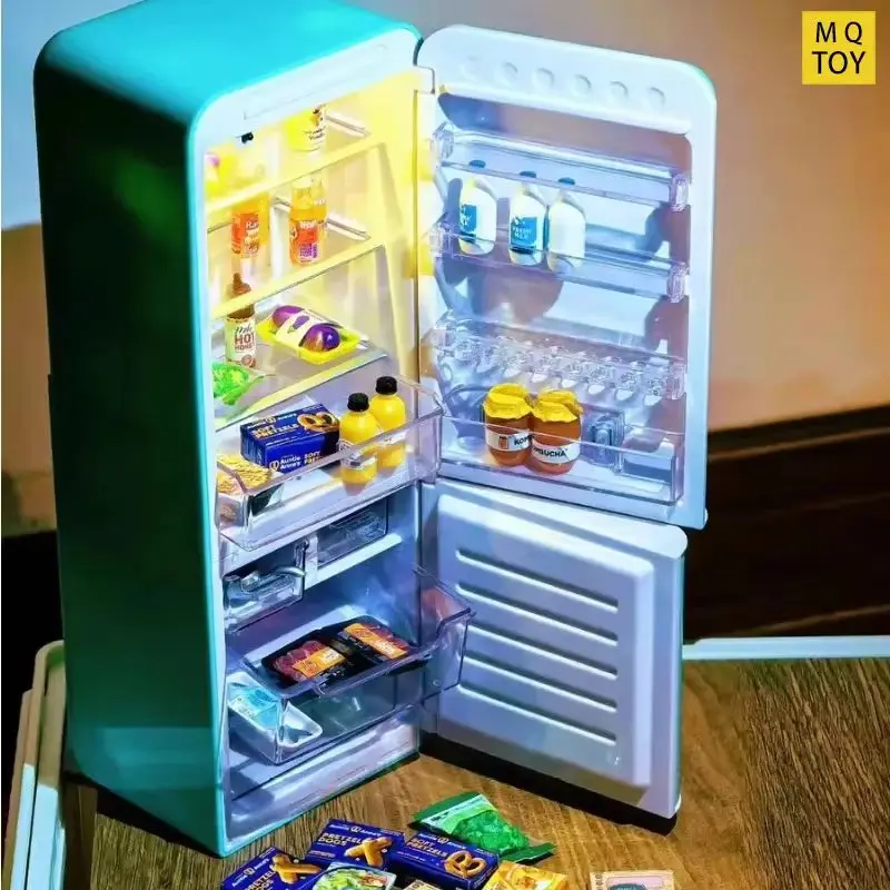Para labubu mini geladeira na moda caixa cega brinquedo conjunto comida temático jogável casa do bebê presente de aniversário figuras de brinquedo ação