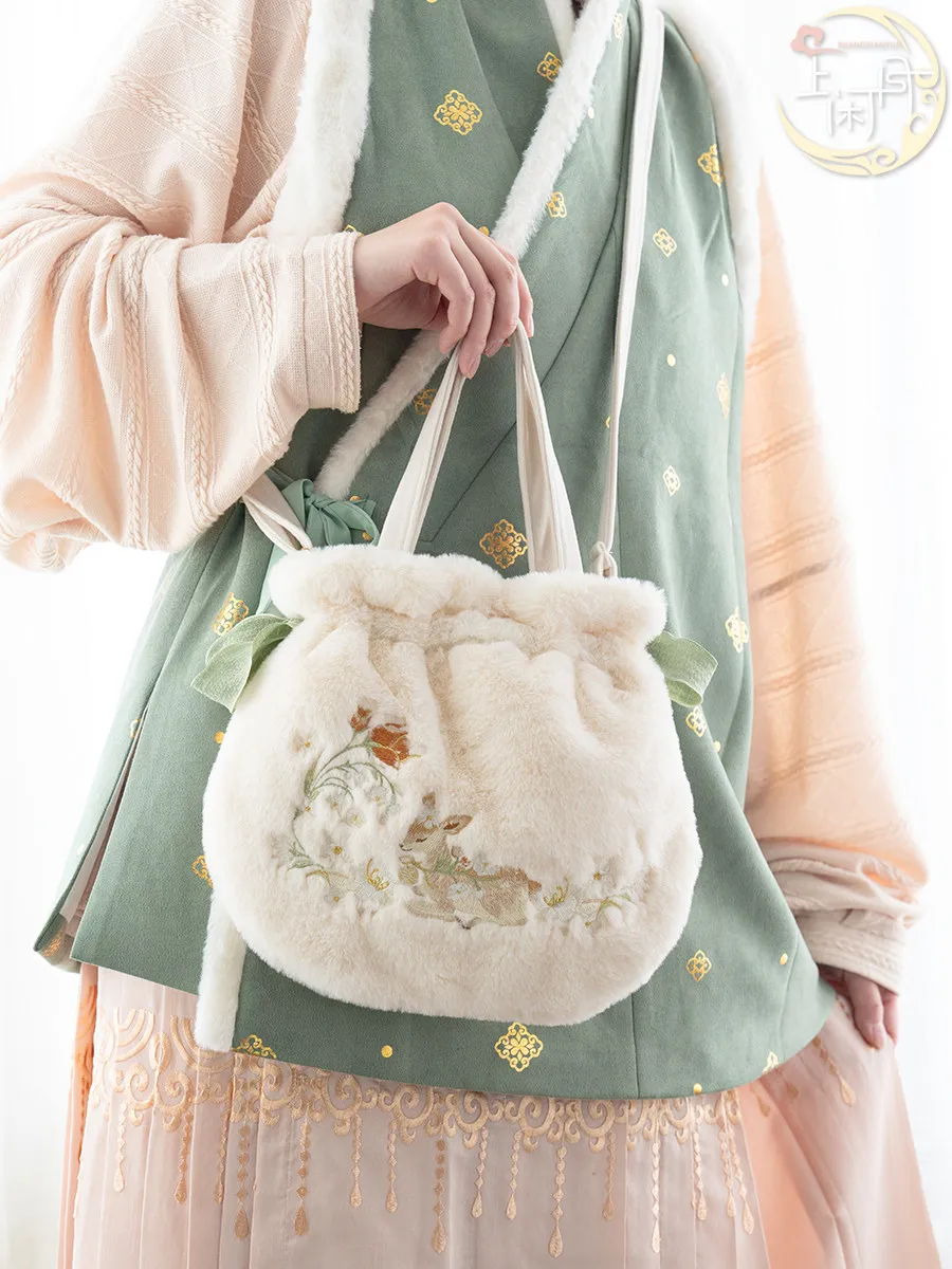 Cute Plush Fuzzy Drawstring Crossbody Bag Deer Floral Embroidered Chinese Hanfu Accessory Winter Daily Top Handle Handbag Unisex