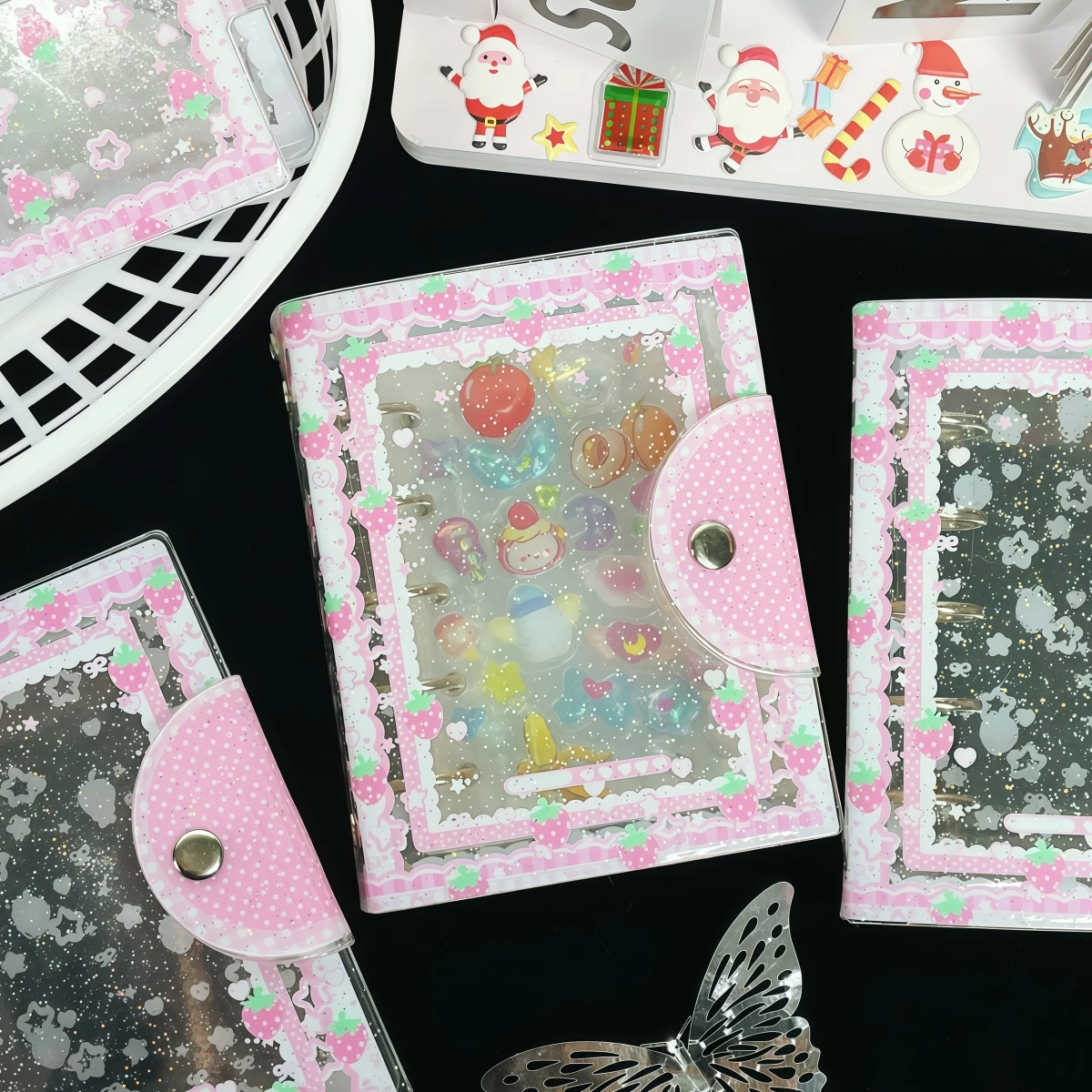 1Pc M5 Star Strawberry Planner, Transparent Glitter Sticker Binder, Pp Material Refillable Notebook Inner Pages, High Transparency, Large Capacity Portable Sticker Book, Suitable for K-Pop Photo Albums, Sticker Storage, Budget Planner, DIY Sticker Notebook, Scrapbook, Sealing Book, School Supplies, Back-To-School Supplies
