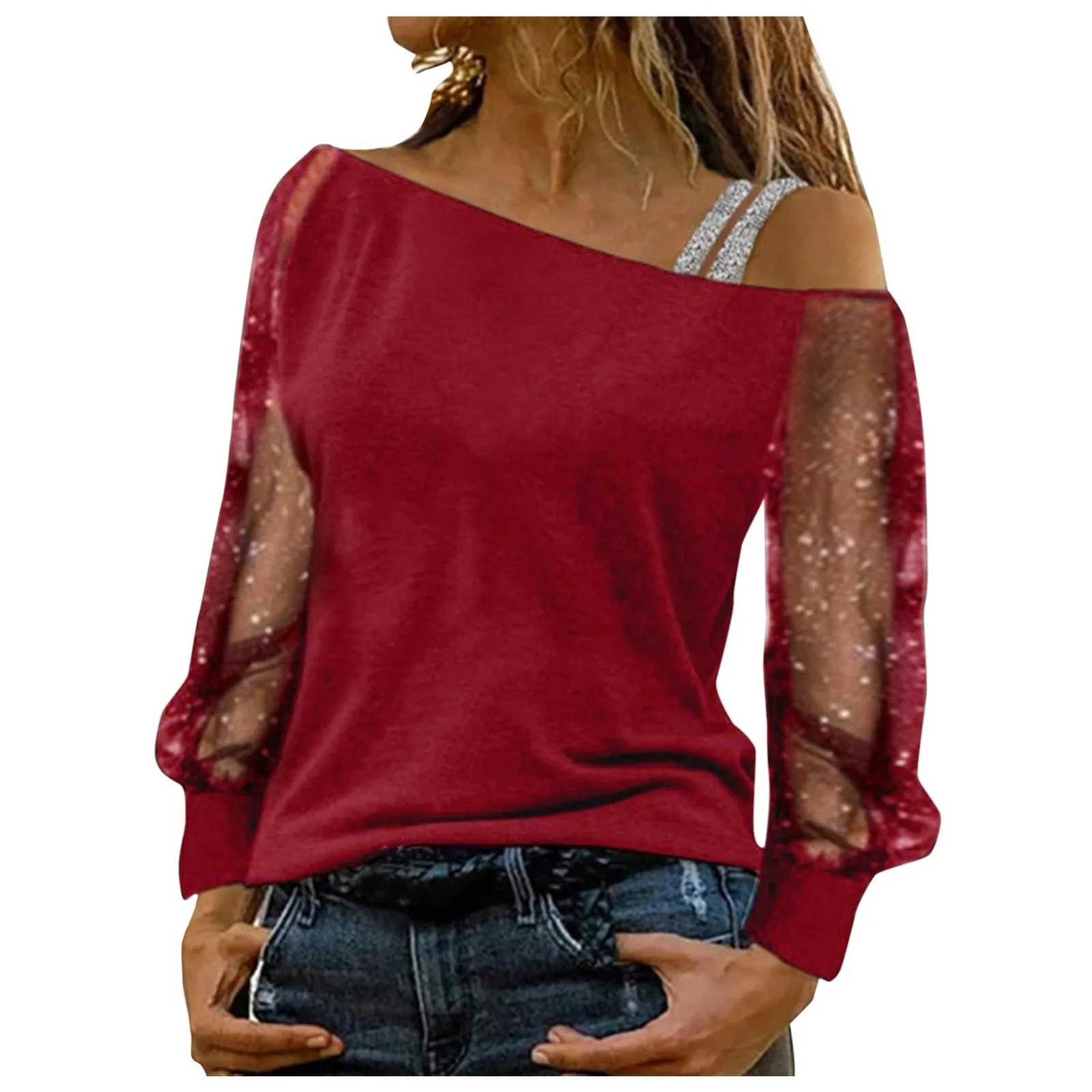 Sequin Print Blouse For Women Plus Size Mesh Long Sleeve Cold Shoulder Loose Splice Blouse Tops Summer Blouses For Women