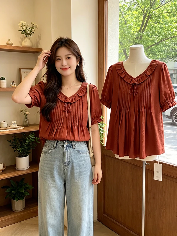 

plus Size Red Design Pressed Pleat Short Sleeve Women's Summer Slimming Younger Top Belly Covering Doll Shirt Commute Style
