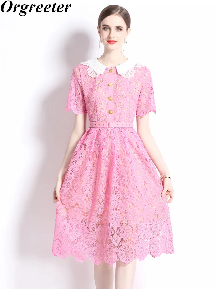 

Женское кружевное платье с вышивкой, повседневное розовое платье средней длины с поясом и пуговицами, лето 2023
