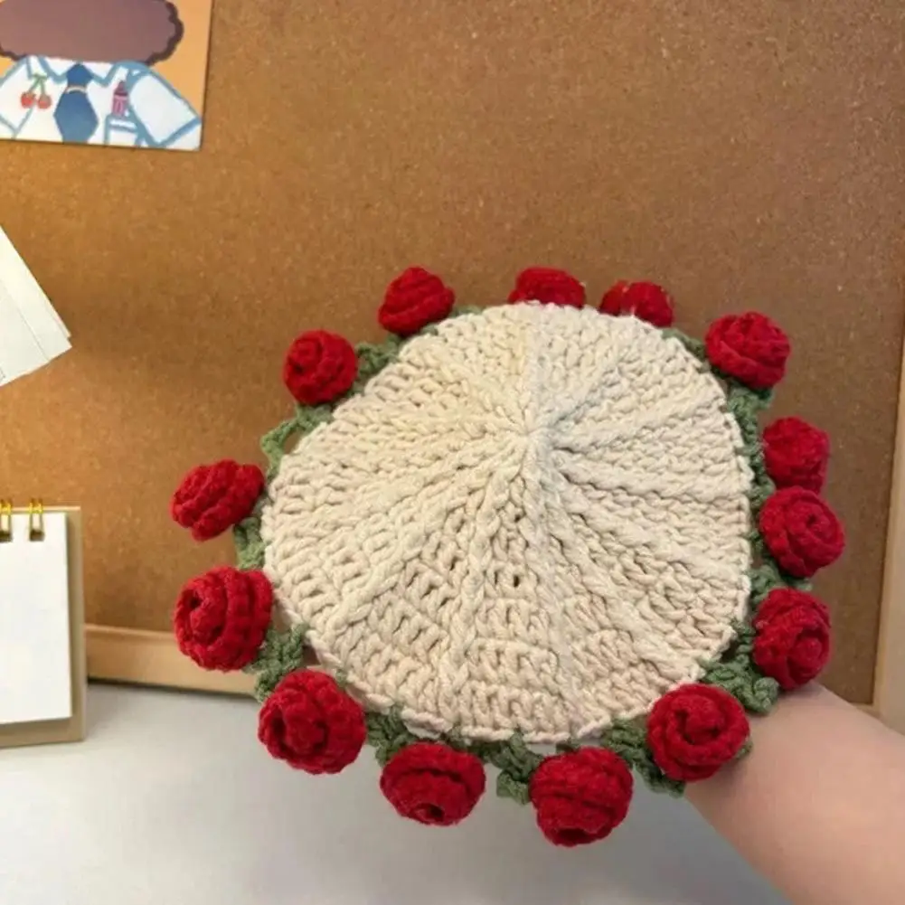 

Crochet Flower Coasters Handmade Vintage Knitted Rose Flower Bouquet Decorative Coasters Anti-scald Table Mats Insulation Pad
